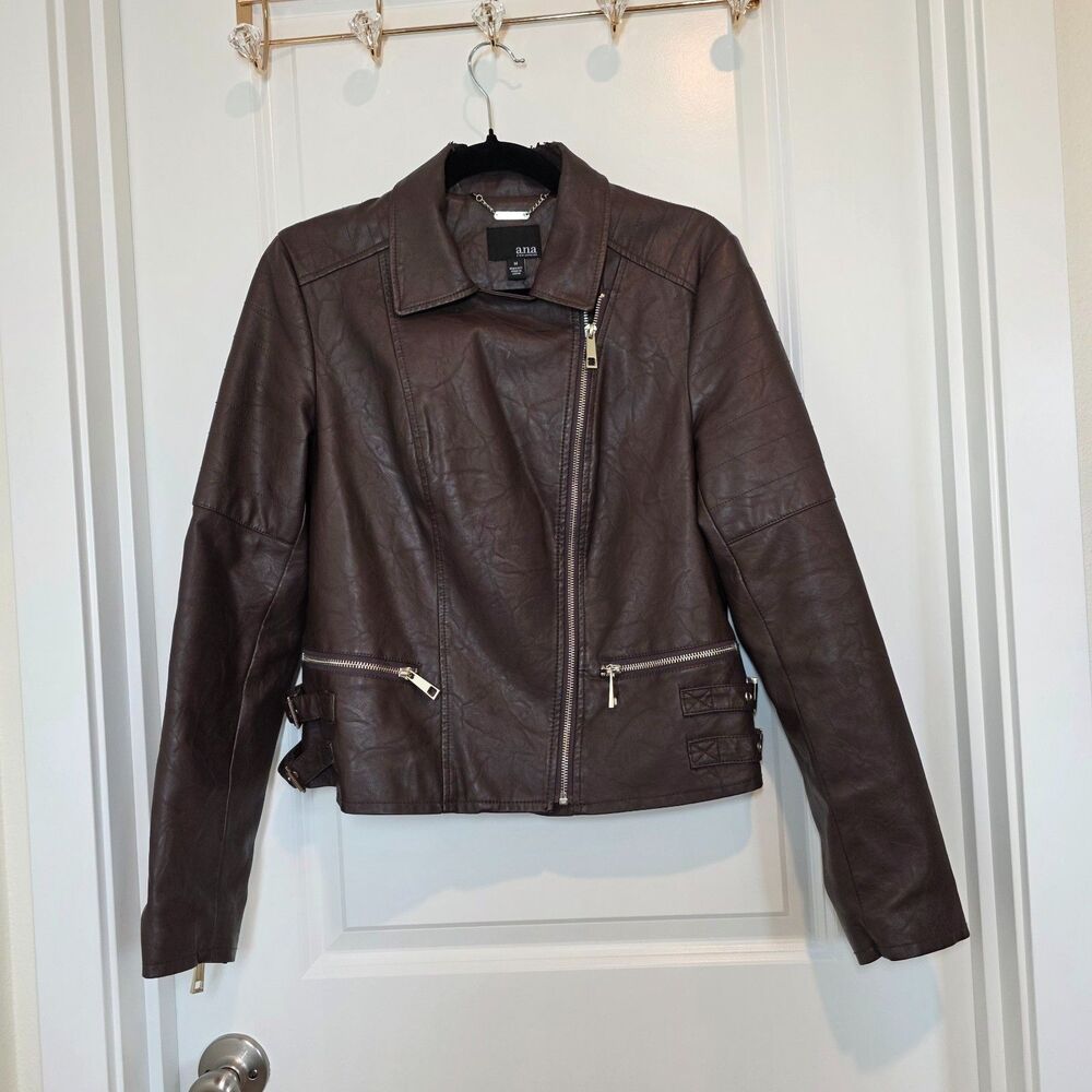 Ana Moto Biker Jacket Womens M Vegan Leather Buckle Zipper Edgy Streetwear
